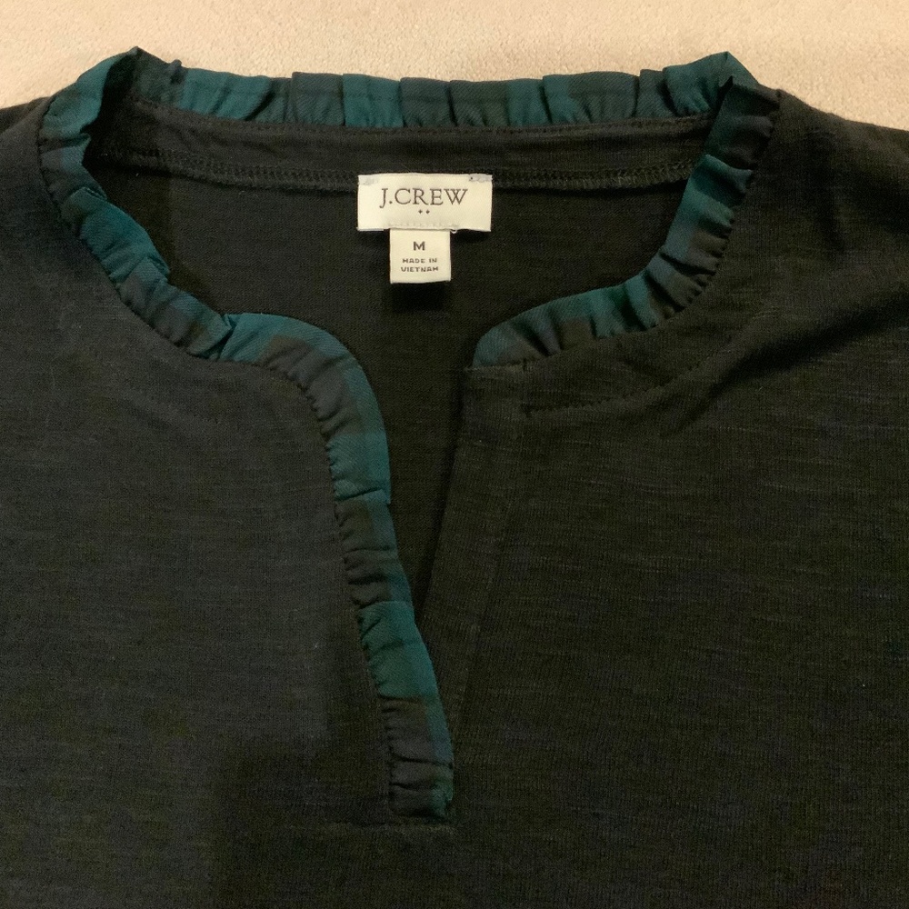 JCrew Sz M Black long sleeve Blackwatch Plaid Ruffle  neckline T